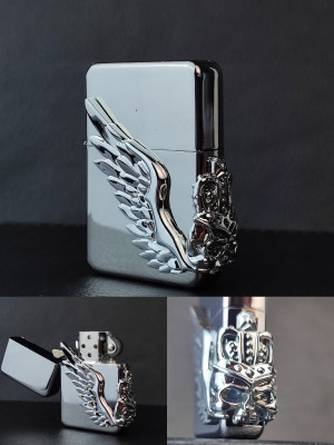 Kabartmalı Kurukafa ve Kanat Figürlü Benzinli Metal Çakmak PR29