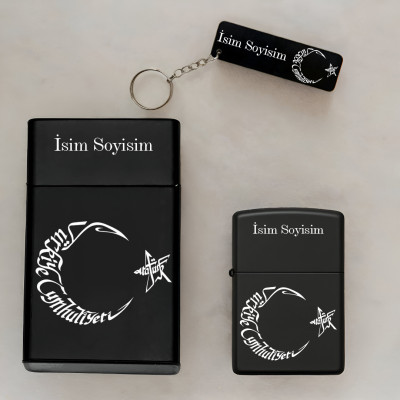 Tc Ayyıldız Desenli Kişiye Özel Isimli Metal Sigara Kutusu, Benzinli Çakmak ve Anahtarlık Seti