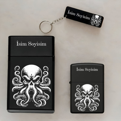 Ahtapot Desenli Kişiye Özel Isimli Metal Sigara Kutusu, Benzinli Çakmak ve Anahtarlık Seti