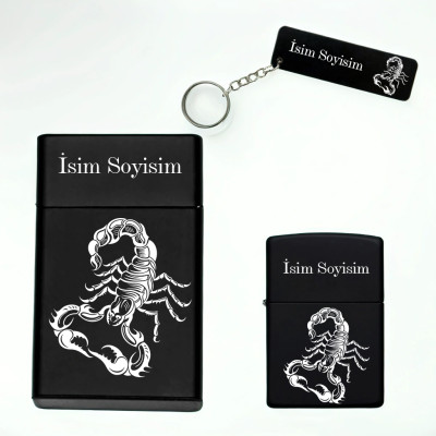 Akrep Desenli Kişiye Özel Isimli Metal Sigara Kutusu, Benzinli Çakmak ve Anahtarlık Seti
