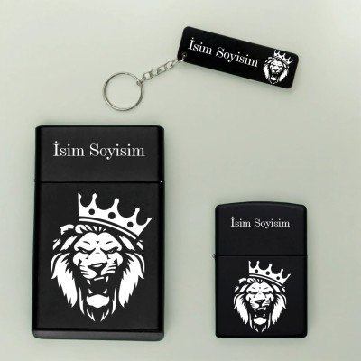 Aslan Desenli Kişiye Özel Isimli Metal Sigara Kutusu, Benzinli Çakmak ve Anahtarlık Seti