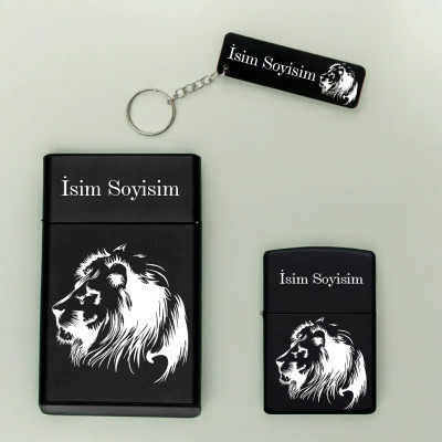 Aslan Desenli Kişiye Özel Isimli Metal Sigara Kutusu, Benzinli Çakmak ve Anahtarlık Seti S10
