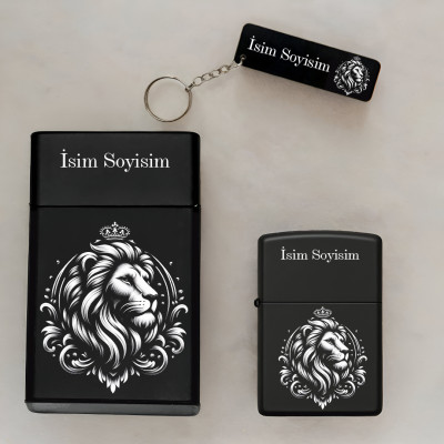 Aslan Figürlü Kişiye Özel Isimli Metal Sigara Kutusu, Benzinli Çakmak ve Anahtarlık Seti