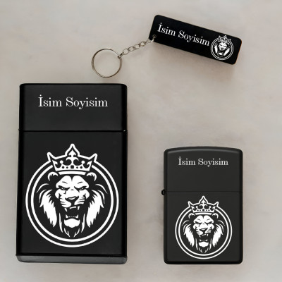 Aslan King Desenli Kişiye Özel Isimli Metal Sigara Kutusu, Benzinli Çakmak ve Anahtarlık Seti