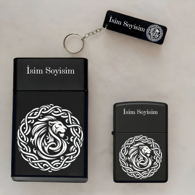 Aslan Tribal Desenli Kişiye Özel Isimli Metal Sigara Kutusu, Benzinli Çakmak ve Anahtarlık Seti