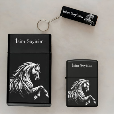 At Horse Desenli Kişiye Özel Isimli Metal Sigara Kutusu, Benzinli Çakmak ve Anahtarlık Seti S36