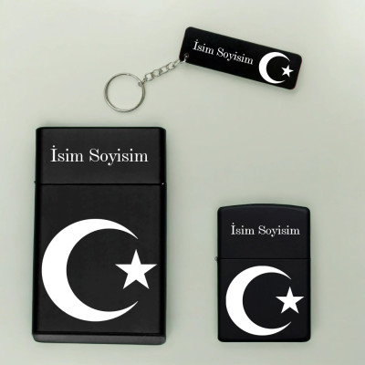 Ay Yıldız Desenli Kişiye Özel Isimli Metal Sigara Kutusu, Benzinli Çakmak ve Anahtarlık Seti 