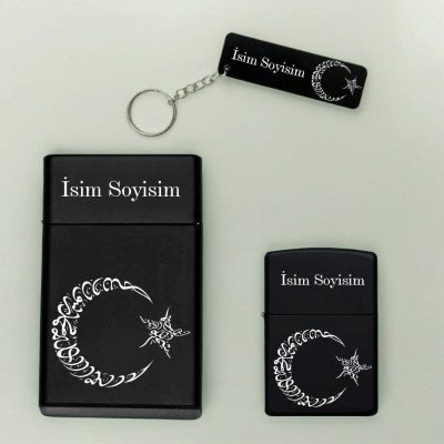 Ay Yıldız Desenli Kişiye Özel Isimli Metal Sigara Kutusu, Benzinli Çakmak ve Anahtarlık Seti S15