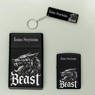 Beast Canavar Desenli Kişiye Özel Isimli Metal Sigara Kutusu, Benzinli Çakmak ve Anahtarlık Seti