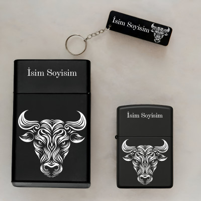 Boğa Desenli Kişiye Özel Isimli Metal Sigara Kutusu, Benzinli Çakmak ve Anahtarlık Seti