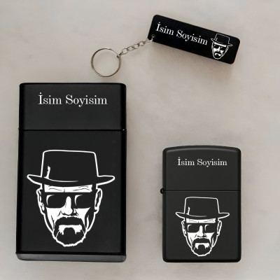 Breaking Bad Desenli Kişiye Özel Isimli Metal Sigara Kutusu, Benzinli Çakmak ve Anahtarlık Seti