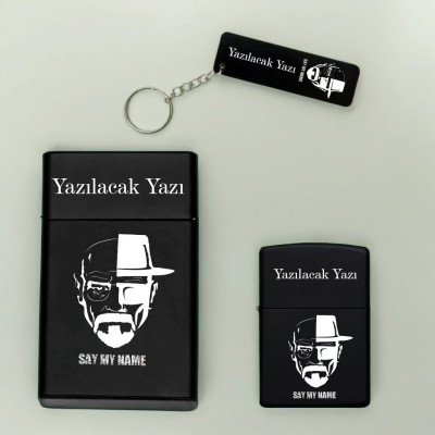 Breaking Bad Say My Name Desenli Kişiye Özel Isimli Metal Sigara Kutusu, Benzinli Çakmak ve Anahtarlık Seti