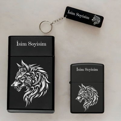 Canavar Kurt Desenli Kişiye Özel Isimli Metal Sigara Kutusu, Benzinli Çakmak ve Anahtarlık Seti