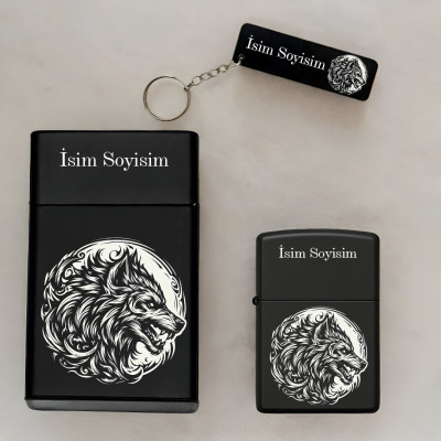 Canavar Kurt Desenli Kişiye Özel Isimli Metal Sigara Kutusu, Benzinli Çakmak ve Anahtarlık Seti S41