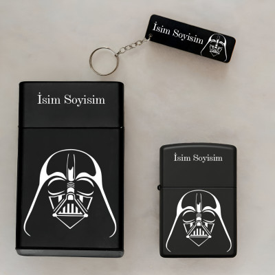 Darth Vader Desenli Kişiye Özel Isimli Metal Sigara Kutusu, Benzinli Çakmak ve Anahtarlık Seti