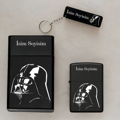 Darth Vader Desenli Kişiye Özel Isimli Metal Sigara Kutusu, Benzinli Çakmak ve Anahtarlık Seti S45