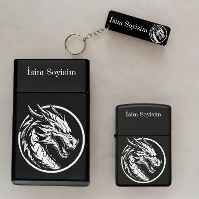 Ejderha Desenli Kişiye Özel İsimli Metal Sigara Kutusu, Benzinli Çakmak ve Anahtarlık Seti