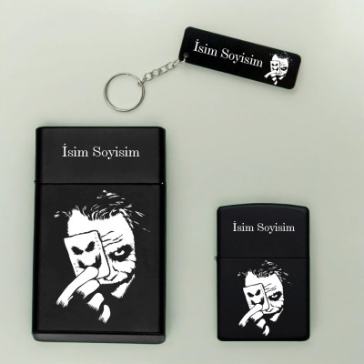 Joker Desenli Kişiye Özel Isimli Metal Sigara Kutusu, Benzinli Çakmak ve Anahtarlık Seti