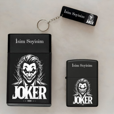 Joker Desenli Kişiye Özel İsimli Metal Sigara Kutusu, Benzinli Çakmak ve Anahtarlık Seti S51