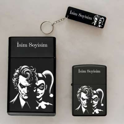 Joker Harley Quinn Desenli Kişiye Özel İsimli Metal Sigara Kutusu, Benzinli Çakmak ve Anahtarlık Seti