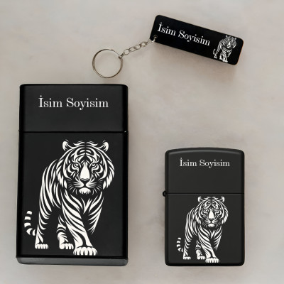 Kaplan Desenli Kişiye Özel İsimli Metal Sigara Kutusu, Benzinli Çakmak ve Anahtarlık Seti S57