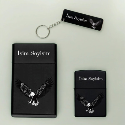 Kartal Desenli Kişiye Özel Isimli Metal Sigara Kutusu, Benzinli Çakmak ve Anahtarlık Seti