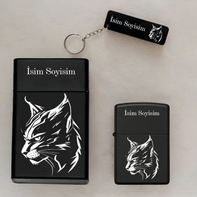Kedi Desenli Kişiye Özel İsimli Metal Sigara Kutusu, Benzinli Çakmak ve Anahtarlık Seti