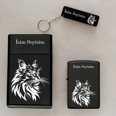 Kedi Desenli Kişiye Özel İsimli Metal Sigara Kutusu, Benzinli Çakmak ve Anahtarlık Seti S63