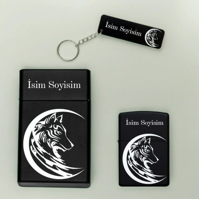 Kurt Desenli Kişiye Özel Isimli Metal Sigara Kutusu, Benzinli Çakmak ve Anahtarlık Seti