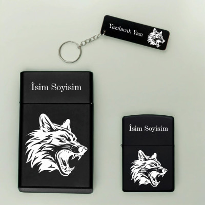 Kurt Desenli Kişiye Özel Isimli Metal Sigara Kutusu, Benzinli Çakmak ve Anahtarlık Seti S06