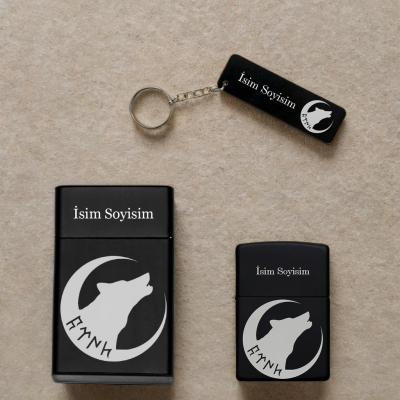 Kurt Desenli Kişiye Özel Isimli Metal Sigara Kutusu, Benzinli Çakmak ve Anahtarlık Seti S07