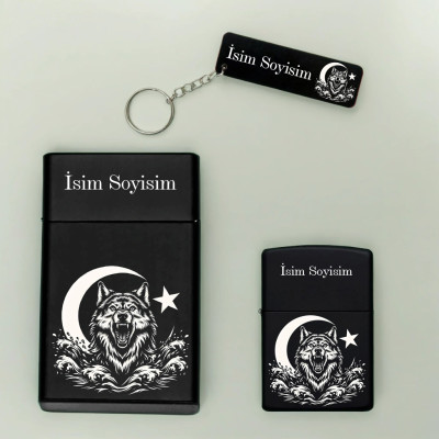 Kurt Ayyıldız Desenli Kişiye Özel Isimli Metal Sigara Kutusu, Benzinli Çakmak ve Anahtarlık Seti