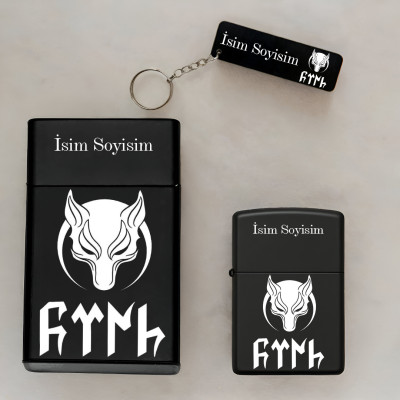 Kurt Göktürk Türk Desenli Kişiye Özel İsimli Metal Sigara Kutusu, Benzinli Çakmak ve Anahtarlık Seti