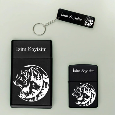 Kurt Orman Desenli Kişiye Özel Isimli Metal Sigara Kutusu, Benzinli Çakmak ve Anahtarlık Seti