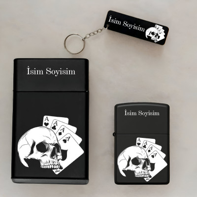 Kuru Kafa İskambil Desenli Kişiye Özel İsimli Metal Sigara Kutusu, Benzinli Çakmak ve Anahtarlık Seti