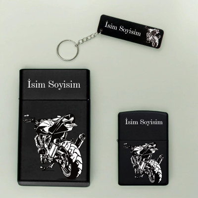 Motor Desenli Kişiye Özel Isimli Metal Sigara Kutusu, Benzinli Çakmak ve Anahtarlık Seti