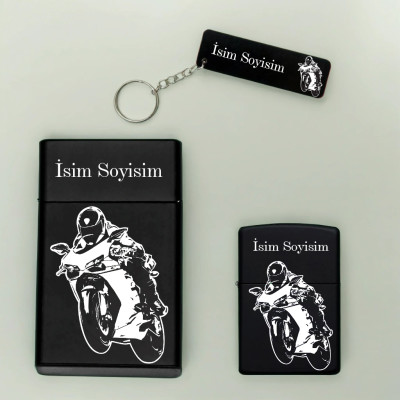 Motor Desenli Kişiye Özel Isimli Metal Sigara Kutusu, Benzinli Çakmak ve Anahtarlık Seti S26