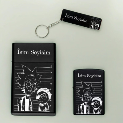 Rick and Morty Desenli Kişiye Özel Isimli Metal Sigara Kutusu, Benzinli Çakmak ve Anahtarlık Seti 