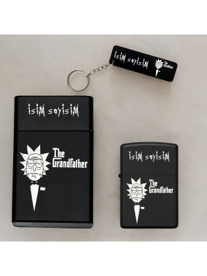 Rick and Morty The Grand Father Desenli Kişiye Özel Isimli Metal Sigara Kutusu, Benzinli Çakmak ve Anahtarlık Seti