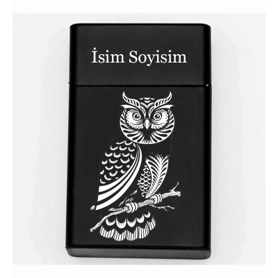 Baykuş Desenli Metal Sigara Tabakası – Kişiye Özel İsimli Tütün Kutusu T18