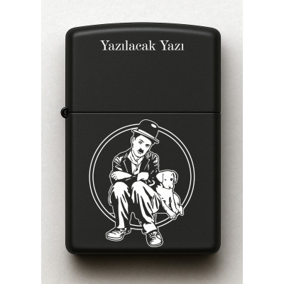 Charlie Chaplin Desenli Kişiye Özel İsimli Siyah Benzinli Metal Çakmak