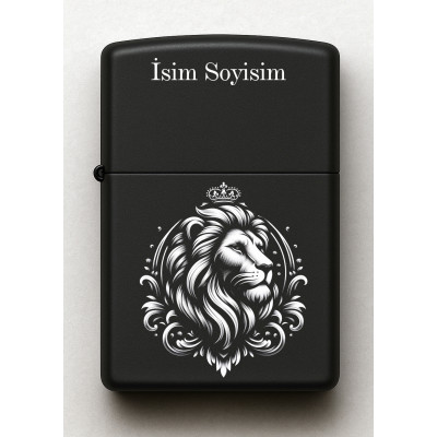 Aslan Figürlü Kişiye Özel İsimli Siyah Benzinli Metal Çakmak