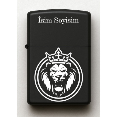 Aslan King Figürlü Kişiye Özel İsimli Siyah Benzinli Metal Çakmak