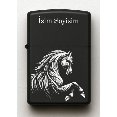 At Horse Desenli Kişiye Özel İsimli Siyah Benzinli Metal Çakmak