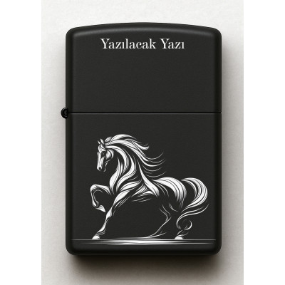 At Horse Desenli Kişiye Özel İsimli Siyah Benzinli Metal Çakmak E09