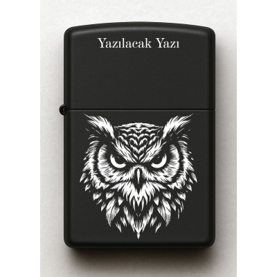 Baykuş Desenli Kişiye Özel İsimli Siyah Benzinli Metal Çakmak