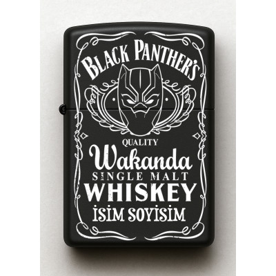 Black Panther Desenli Kişiye Özel İsimli Siyah Benzinli Metal Çakmak