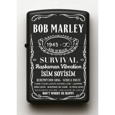 Bob Marley Desenli Kişiye Özel İsimli Siyah Benzinli Metal Çakmak