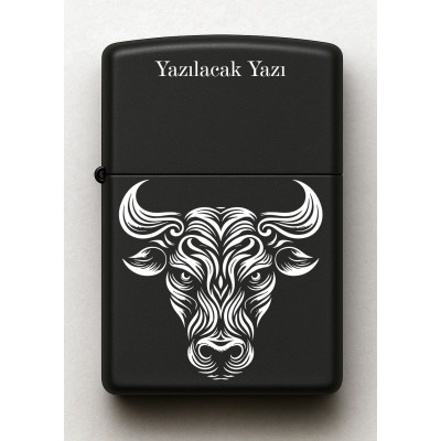 Boğa Desenli Kişiye Özel İsimli Siyah Benzinli Metal Çakmak