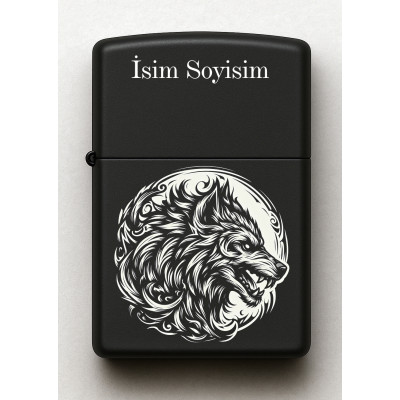 Kurt Canavar Desenli Kişiye Özel İsimli Siyah Benzinli Metal Çakmak